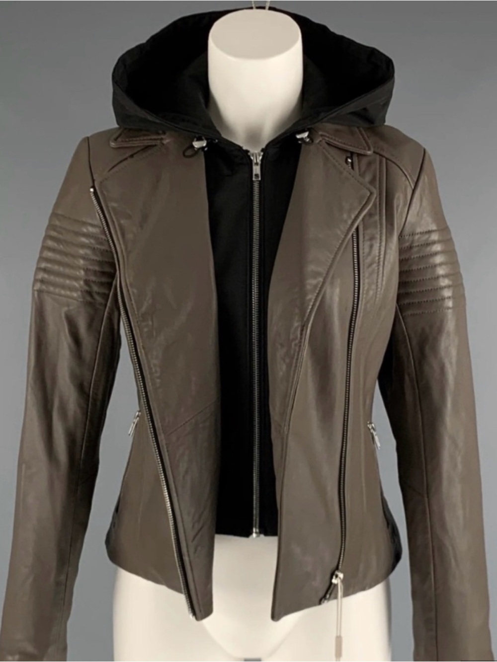 Soia & Kyo Taupe Leather Moto Jacket with Black Removable Hood